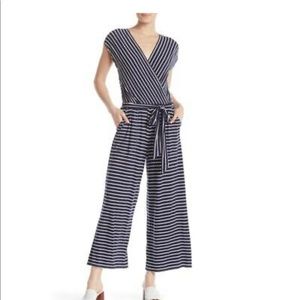 Max Studio Knit Wrap Tie Jumpsuit Stripe Print
